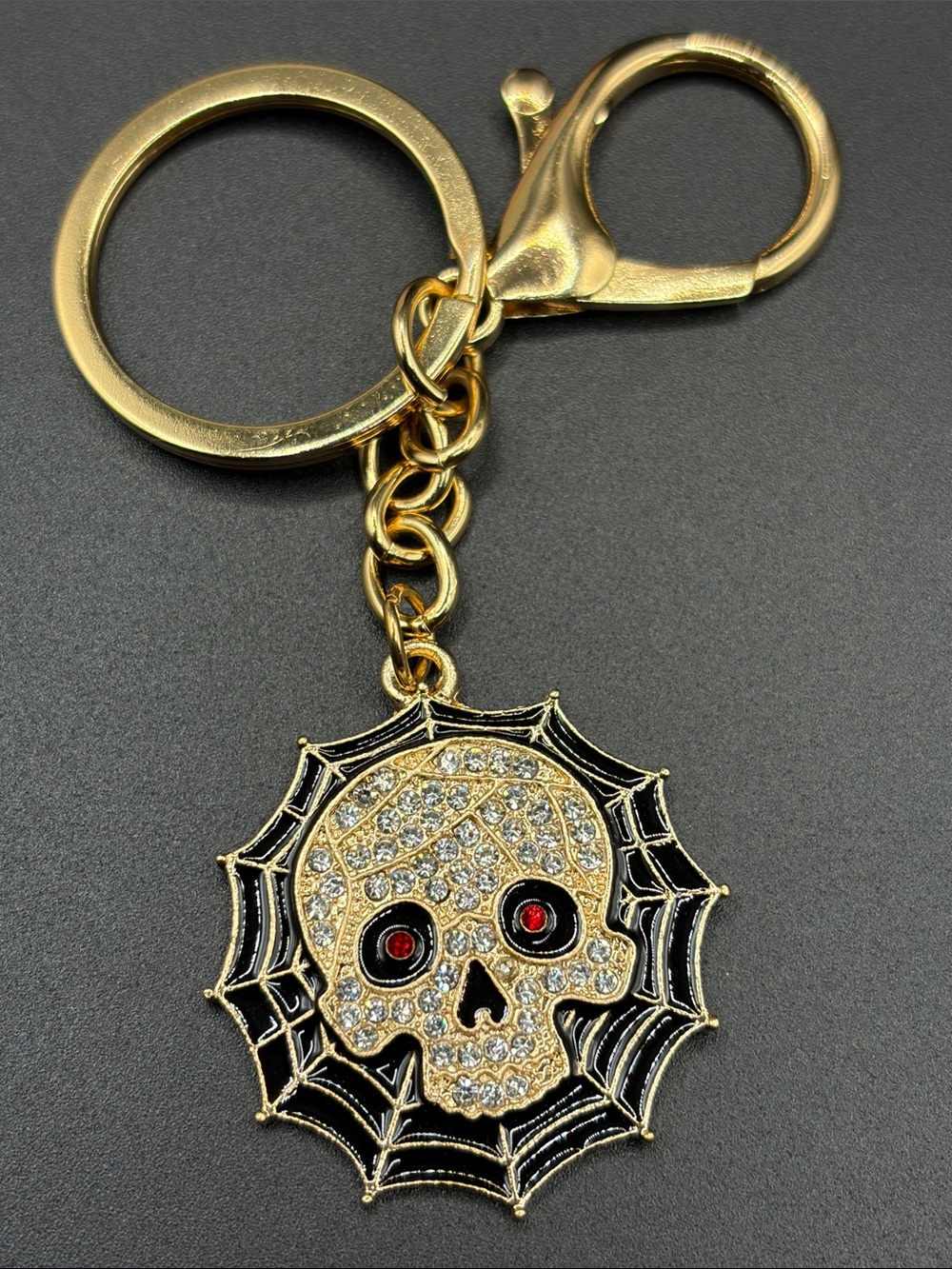 Gold Skull & Web Crystal Keychain